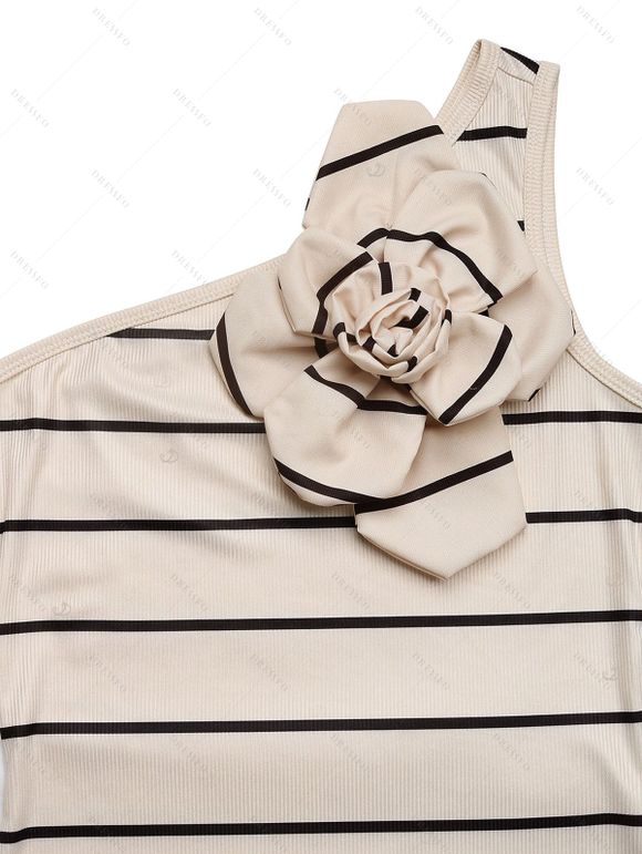 Vacation Couple Outfit Striped Print Flower Decor One Shoulder Bodycon Dress and Solid Color Geometric Hollow Out Shirt Set - Beige S | US 4