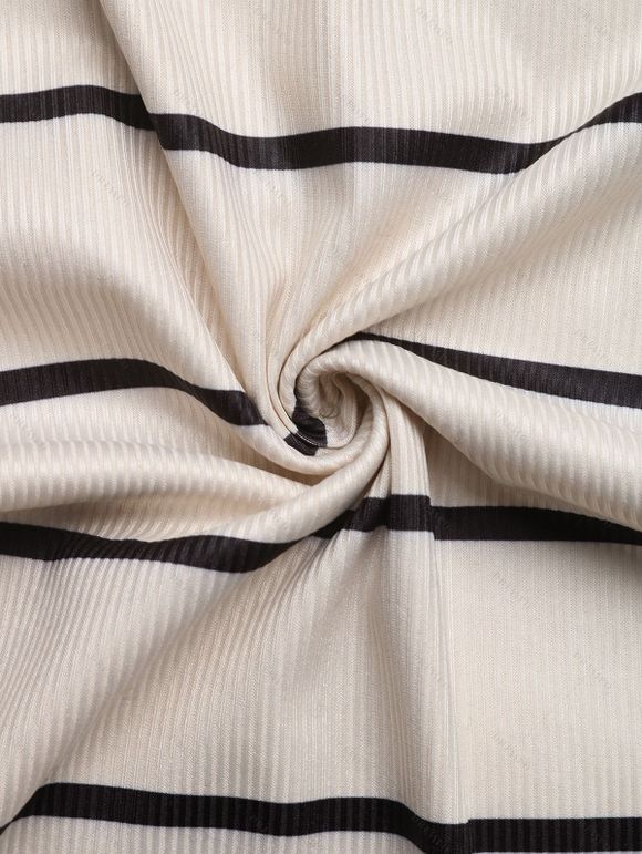 Vacation Couple Outfit Striped Print Flower Decor One Shoulder Bodycon Dress and Solid Color Geometric Hollow Out Shirt Set - Beige S | US 4