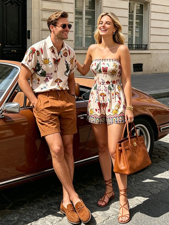 Vacation Couple Outfit Vintage Sun Butterfly Mushroom Cartoon Print Smocked Off the Shoulder Romper and Shirt Set - Rose S | US 4