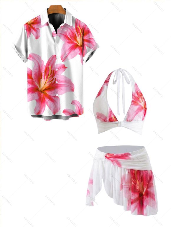 Vacation Couple Outfit Watercolor Lily Floral Print Mesh Irregular Skirt Bikini Swimsuit and Shirt Set - Blanc S | US 4