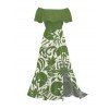 Vacation Couple Outfit Botanical Leaf Scroll Silhouette Print Flounce Off the Shoulder Smocked Slit Dress and Shirt Set - Vert S | US 4