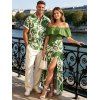 Vacation Couple Outfit Botanical Leaf Scroll Silhouette Print Flounce Off the Shoulder Smocked Slit Dress and Shirt Set - Vert S | US 4