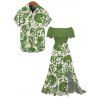 Vacation Couple Outfit Botanical Leaf Scroll Silhouette Print Flounce Off the Shoulder Smocked Slit Dress and Shirt Set - Vert S | US 4