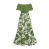 Vacation Couple Outfit Botanical Leaf Scroll Silhouette Print Flounce Off the Shoulder Smocked Slit Dress and Shirt Set - Vert S | US 4