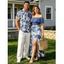 Vacation Couple Outfit Botanical Leaf Scroll Silhouette Print Flounce Off the Shoulder Smocked Slit Dress and Shirt Set - Vert S | US 4
