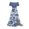 Vacation Couple Outfit Botanical Leaf Scroll Silhouette Print Flounce Off the Shoulder Smocked Slit Dress and Shirt Set - Bleu clair S | US 4
