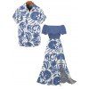 Vacation Couple Outfit Botanical Leaf Scroll Silhouette Print Flounce Off the Shoulder Smocked Slit Dress and Shirt Set - Bleu clair S | US 4