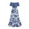 Vacation Couple Outfit Botanical Leaf Scroll Silhouette Print Flounce Off the Shoulder Smocked Slit Dress and Shirt Set - Bleu clair S | US 4