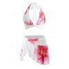 Vacation Bikini Swimsuit Watercolor Floral Print Mesh Irregular Skirt Halter Beach Swimwear Set - Blanc M | US 6