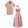 Vintage Vacation Couple Outfit Rose Print Ruched Bust Tied Halter Maxi Dress and Shirt Set - Rose S | US 4