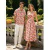 Vintage Vacation Couple Outfit Rose Print Ruched Bust Tied Halter Maxi Dress and Shirt Set - Rose S | US 4