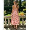 Vintage Vacation Couple Outfit Rose Print Ruched Bust Tied Halter Maxi Dress and Shirt Set - Rose S | US 4