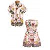 Vacation Couple Outfit Vintage Sun Butterfly Mushroom Cartoon Print Smocked Off the Shoulder Romper and Shirt Set - Rose S | US 4