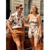 Vacation Couple Outfit Vintage Sun Butterfly Mushroom Cartoon Print Smocked Off the Shoulder Romper and Shirt Set - Rose S | US 4
