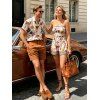 Vacation Couple Outfit Vintage Sun Butterfly Mushroom Cartoon Print Smocked Off the Shoulder Romper and Shirt Set - Rose S | US 4