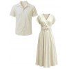 Vacation Couple Outfit Solid Color Textured Surplice Front Twist Knot Waist Dress and Hollow Out Shirt Set - Beige S | US 4
