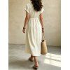 Vacation Couple Outfit Solid Color Textured Surplice Front Twist Knot Waist Dress and Hollow Out Shirt Set - Beige S | US 4