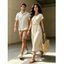 Vacation Couple Outfit Solid Color Textured Surplice Front Twist Knot Waist Dress and Hollow Out Shirt Set - Beige S | US 4