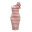 Party Dress Striped Print Flower Decor One Shoulder Bodycon Cocktail Dress - Beige S | US 4
