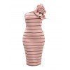 Party Dress Striped Print Flower Decor One Shoulder Bodycon Cocktail Dress - Rose L | US 8