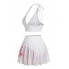 Vacation Bikini Swimsuit Watercolor Floral Print Mesh Irregular Skirt Halter Beach Swimwear Set - WHITE XL | US 10
