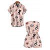 Vacation Couple Outfit Vintage Old School Tattoo Print Pocket Off the Shoulder Romper and Shirt Set - Rose S | US 4