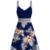 Hawaiian Vacation Dress Hibiscus Floral Tropical Leaf Print Lace Hollow Out Slit Dress - Bleu de Minuit S | US 4