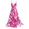 Hawaiian Vacation Dress Allover Tropical Floral Leaf Print Lace Hollow Out Slit Dress - Rose Vif S | US 4