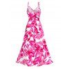 Hawaiian Vacation Dress Allover Tropical Floral Leaf Print Lace Hollow Out Slit Dress - Rose Vif S | US 4