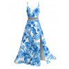 Hawaiian Vacation Dress Allover Tropical Floral Leaf Print Lace Hollow Out Slit Dress - Bleu clair XXXXXL | US 20