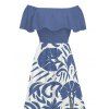 Vacation Dress Botanical Leaf Scroll Silhouette Print Flounce Off the Shoulder Smocked Slit Dress - Bleu clair S | US 4