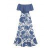 Vacation Dress Botanical Leaf Scroll Silhouette Print Flounce Off the Shoulder Smocked Slit Dress - Bleu clair S | US 4