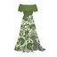 Vacation Dress Botanical Leaf Scroll Silhouette Print Flounce Off the Shoulder Smocked Slit Dress - Bleu clair S | US 4