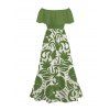 Vacation Dress Botanical Leaf Scroll Silhouette Print Flounce Off the Shoulder Smocked Slit Dress - Vert XXL | US 14