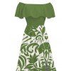 Vacation Dress Botanical Leaf Scroll Silhouette Print Flounce Off the Shoulder Smocked Slit Dress - Vert XXL | US 14