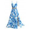 Hawaiian Vacation Couple Outfit Allover Tropical Floral Leaf Print Lace Hollow Out Slit Dress and Shirt Set - Bleu clair S | US 4