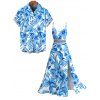 Hawaiian Vacation Couple Outfit Allover Tropical Floral Leaf Print Lace Hollow Out Slit Dress and Shirt Set - Bleu clair S | US 4