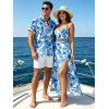Hawaiian Vacation Couple Outfit Allover Tropical Floral Leaf Print Lace Hollow Out Slit Dress and Shirt Set - Bleu clair S | US 4