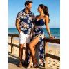 Hawaiian Vacation Couple Outfit Hibiscus Floral Tropical Leaf Print Lace Hollow Out Slit Dress and Shirt Set - Bleu de Minuit S | US 4