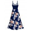 Hawaiian Vacation Couple Outfit Hibiscus Floral Tropical Leaf Print Lace Hollow Out Slit Dress and Shirt Set - Bleu de Minuit S | US 4