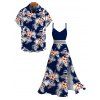 Hawaiian Vacation Couple Outfit Hibiscus Floral Tropical Leaf Print Lace Hollow Out Slit Dress and Shirt Set - Bleu de Minuit S | US 4