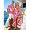 Hawaiian Vacation Couple Outfit Allover Tropical Floral Leaf Print Lace Hollow Out Slit Dress and Shirt Set - Rose Vif S | US 4
