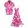Hawaiian Vacation Couple Outfit Allover Tropical Floral Leaf Print Lace Hollow Out Slit Dress and Shirt Set - Rose Vif S | US 4