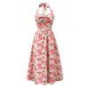 Vintage Vacation Dress Rose Print Ruched Bust Tied Garden Style Halter Maxi Dress - Rose S | US 4