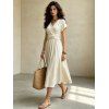 French Style Dress Solid Color Textured Surplice Front Twist Knot Waist V Neck Elegant Dress - Beige S | US 4