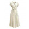French Style Dress Solid Color Textured Surplice Front Twist Knot Waist V Neck Elegant Dress - Beige S | US 4