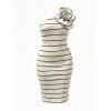 Party Dress Striped Print Flower Decor One Shoulder Bodycon Cocktail Dress - Beige S | US 4