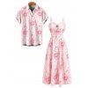 Vacation Couple Outfit Watercolor Rose Floral Print Ruffle Tied Cut Out Empire Waist Dress and Shirt Set - Rose S | US 4