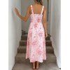 Vacation Couple Outfit Watercolor Rose Floral Print Ruffle Tied Cut Out Empire Waist Dress and Shirt Set - Rose S | US 4