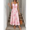 Vacation Couple Outfit Watercolor Rose Floral Print Ruffle Tied Cut Out Empire Waist Dress and Shirt Set - Rose S | US 4